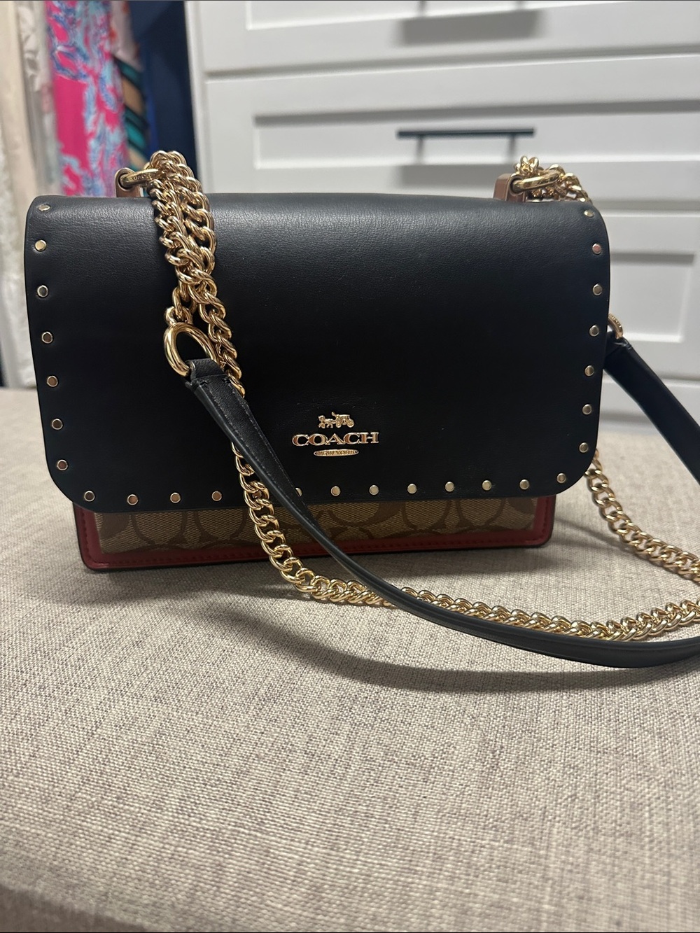 Coach Black & Brown Signature Crossbody with Gold Chain